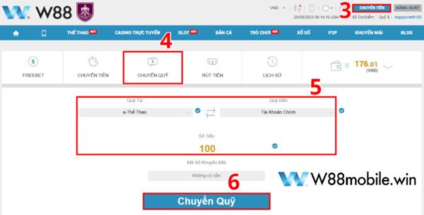 Cách rút tiền W88 trên giao diện máy tính 1