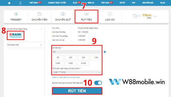 Cách rút tiền W88 trên máy tính