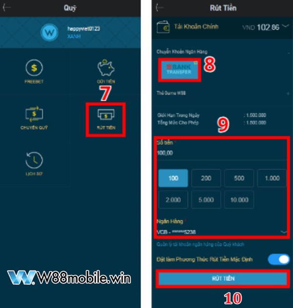 Phương pháp rút tiền W88 bằng hình thức thẻ game W88 không tốn phí