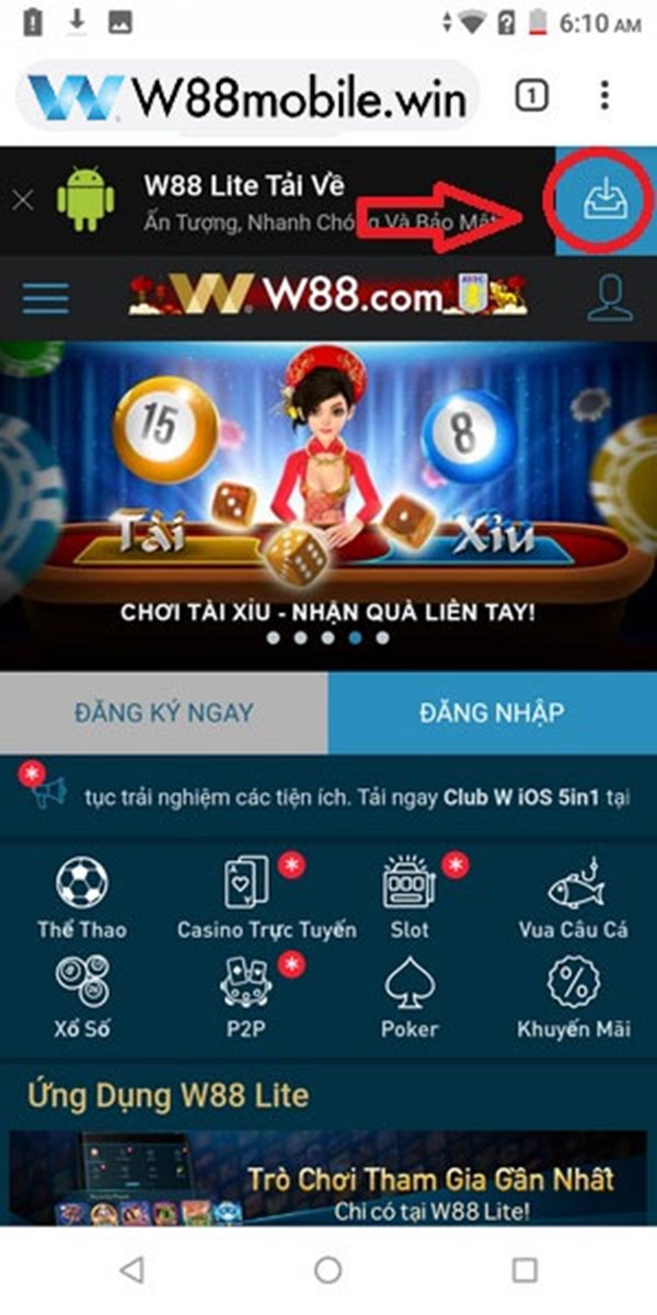 Cách tải App W88 trên điện thoại  phiên bản Android 1